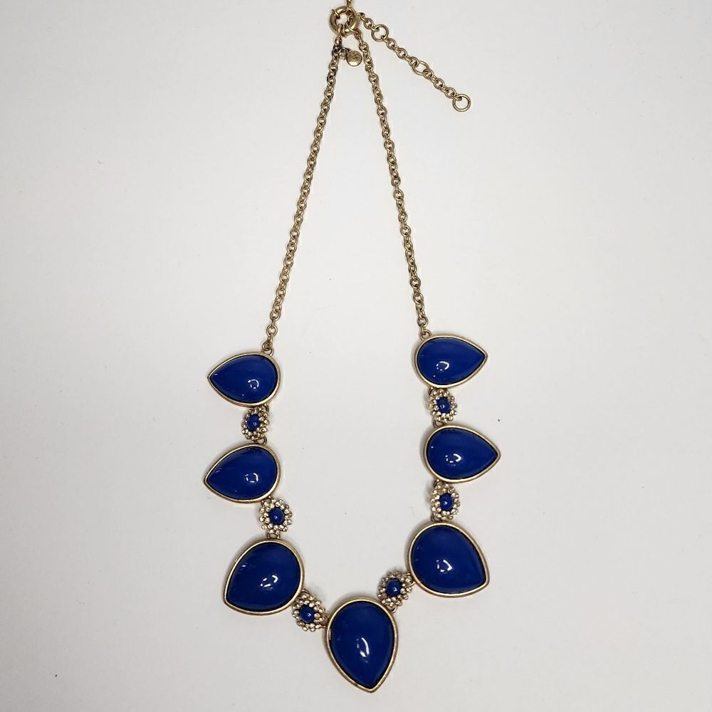 J Crew Multicolor cabochon Rhinestone Statement Necklace  blue teardrop XA24